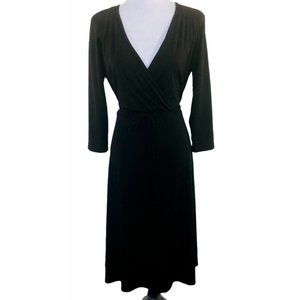 Nine West Nine Co Black Faux Wrap Dress 3/4 Sleeve Smocked Shoulder Midi Sz XL
